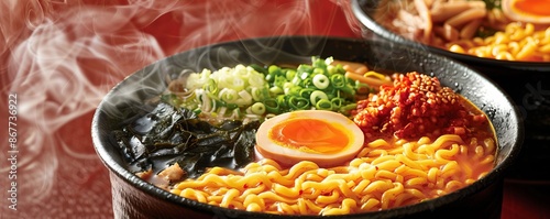 A bowl of steaming ramen noodles, filled with savory broth, tender noodles, and a variety of toppings.