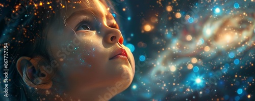 A child's face full of wonder as they gaze up at the stars.