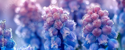 abstract background close up of frozen hyacinth flowers in ice