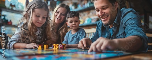 A family hosting a themed game night with board games and card games from different cultures and time periods. photo