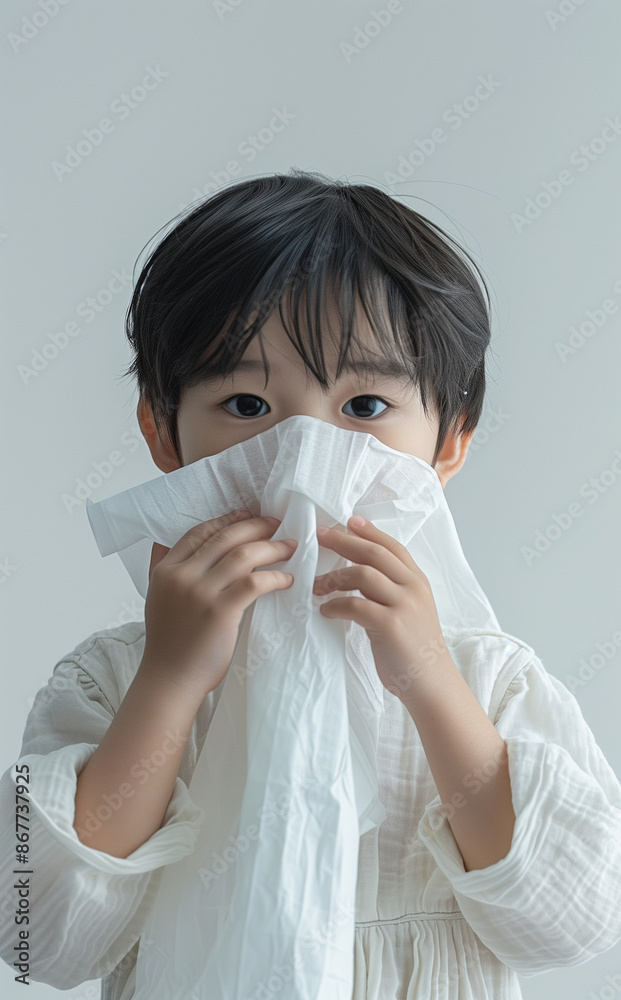 Portrait of a child blowing his nose with a paper on a white background Portrait of a child blowing his nose with a paper on a white background