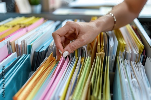 Close-up of European-American hands organizing files in a cabinet, neat and detailed, professional office setting © siripimon2525