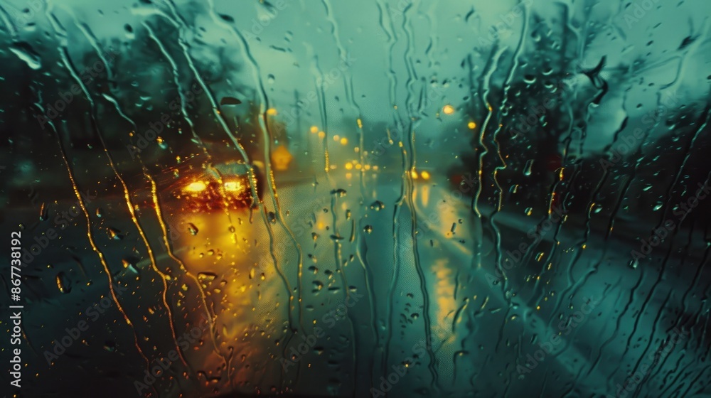 Rain-covered window of a moving car, with streaks of water and a blurred view of the road ahead Rain-covered window of a moving car, with streaks of water and a blurred view of the road ahead