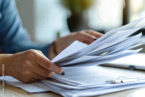 Close-up of European-American hands filing documents, focus on detail and organization, bright office