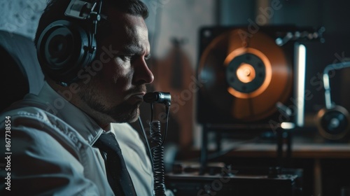 A man wearing a headset and a white shirt listens intently to a wiretap in a dimly lit room
