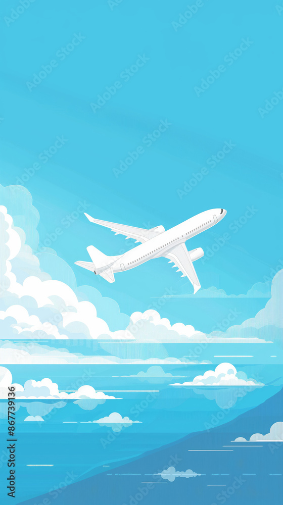 Naklejka premium Cartoon illustration white airplane flying with landing gear extended against a blue sky.