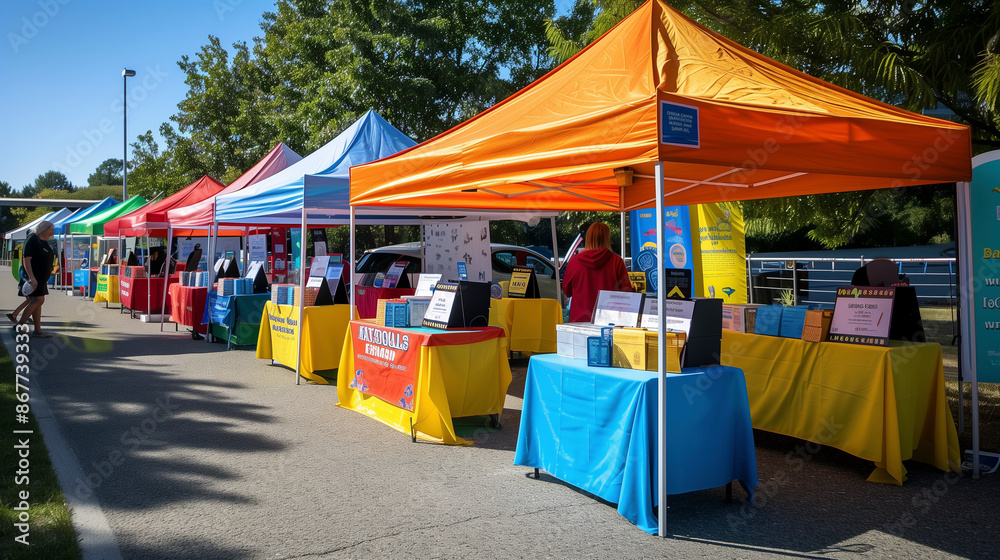 Back to school event setup with colorful tents, activity booths, and information tables. Back to school event setup with colorful tents, activity booths, and information tables.