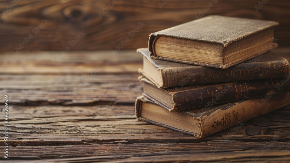 A stack of old, weathered books with leather bindings on a rustic wooden table, evoking a sense of history and knowledge. A stack of old, weathered books with leather bindings on a rustic wooden table, evoking a sense of history and knowledge.