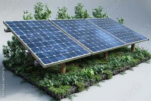 Three solar panels are mounted on a wooden frame above a bed of lush, green plants, highlighting the harmony between technology and nature photo