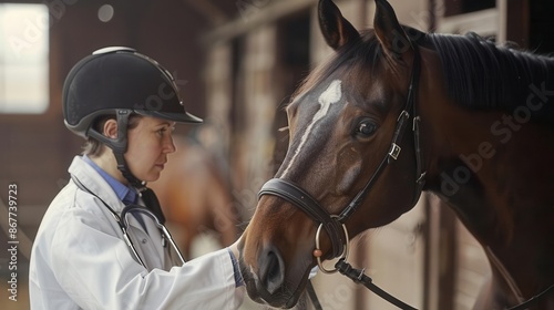 A veterinarian examines a horse in a stable.  The horse is brown with a white star on its forehead.  The veterinarian is wearing a white coat and a helmet.