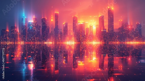 Futuristic cityscape with glowing skyscrapers reflecting in water at sunset