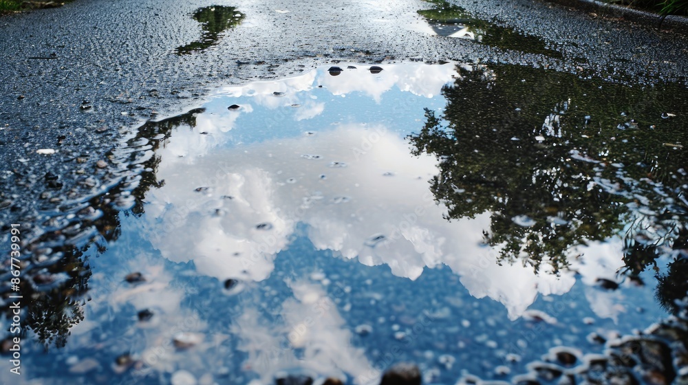 Rain-soaked pavement reflecting the sky and surrounding trees, creating a mirror-like effect Rain-soaked pavement reflecting the sky and surrounding trees, creating a mirror-like effect