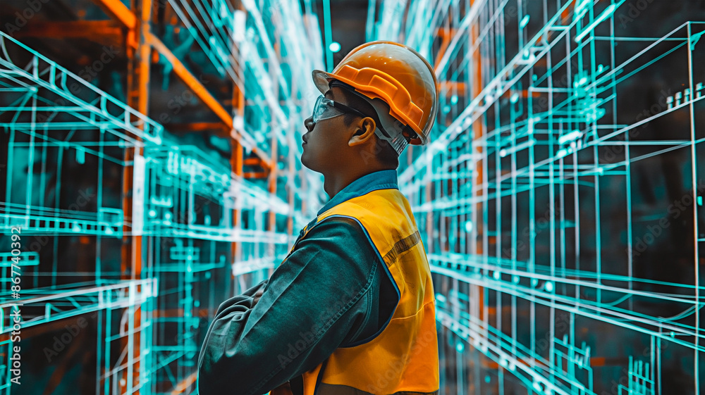 Architect examining futuristic virtual reality blueprint. Building specialist engaged with futuristic technology for construction planning.
Architect examining futuristic virtual reality blueprint. Building specialist engaged with futuristic technology for construction planning.