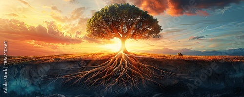 A tree with roots reaching up into the sky and branches growing down into the earth, symbolizing the interconnectedness of all things.