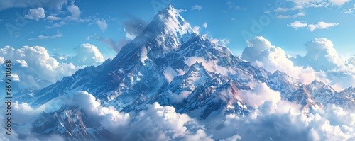 A snow-capped mountain peak piercing the clouds, its slopes covered in a blanket of fresh snow.