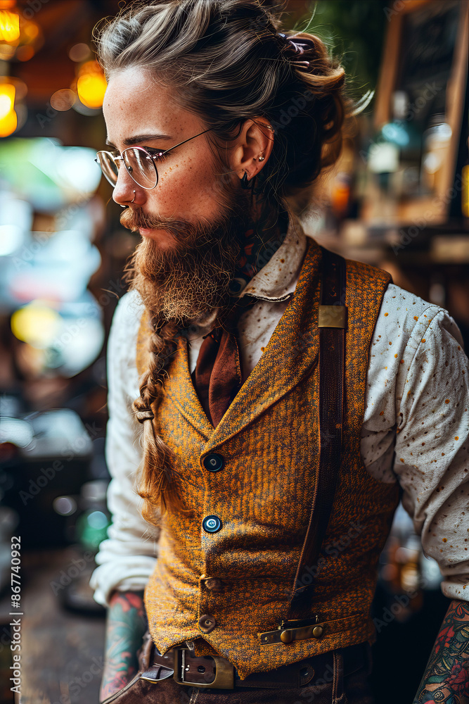 Hipster barber with glasses and a long beard, dressed in a stylish waistcoat, showcasing trendy and contemporary barbering styles in a modern barbershop.