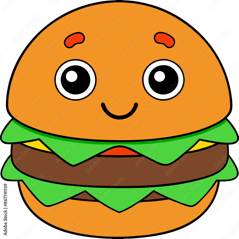 Fototapeta premium Smiling Cartoon Burger with Lettuce and Tomato on White Background