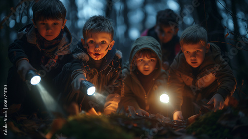 Group of children exploring a forest of terror with flashlights on Halloween, a frightening adventure suspense