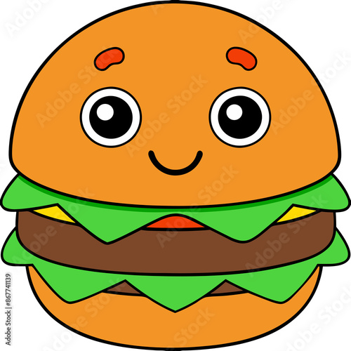 Smiling Cartoon Burger with Lettuce and Tomato on White Background