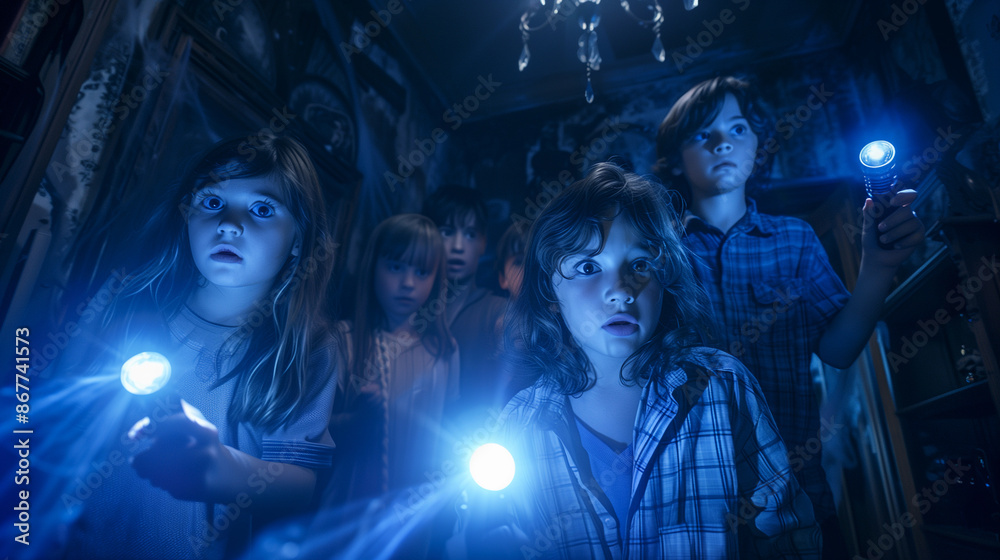 Group of children exploring with flashlights in an abandoned house of terror on Halloween Group of children exploring with flashlights in an abandoned house of terror on Halloween