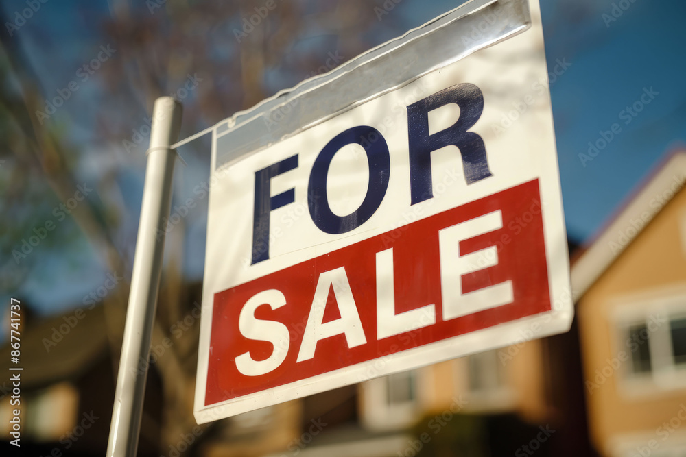 Sign with a text For sale with a blurred house on background. Real estate. AI generative