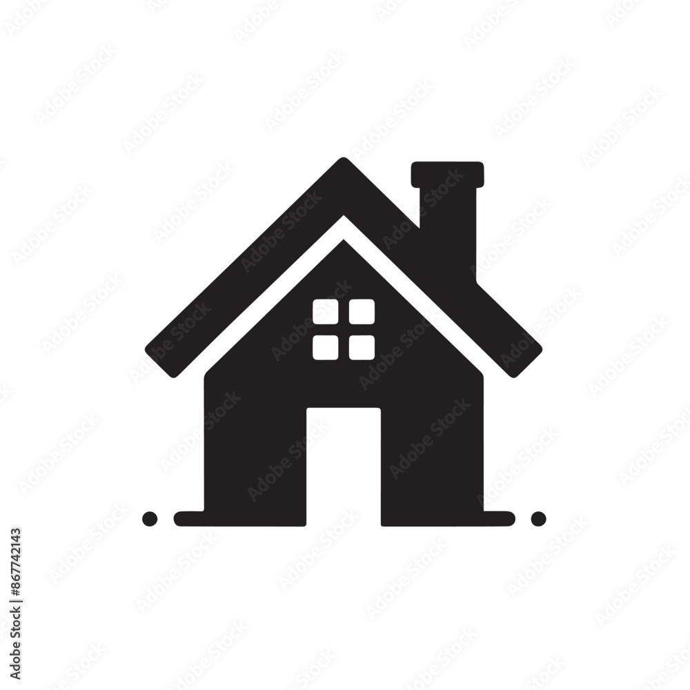 Minimalist Black Silhouette Icon of House with Triangular Roof and Chimney on White Background Minimalist Black Silhouette Icon of House with Triangular Roof and Chimney on White Background