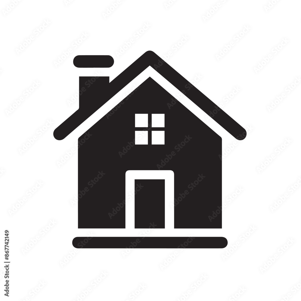 Minimalist Black Silhouette Icon of House with Triangular Roof and Chimney on White Background Minimalist Black Silhouette Icon of House with Triangular Roof and Chimney on White Background