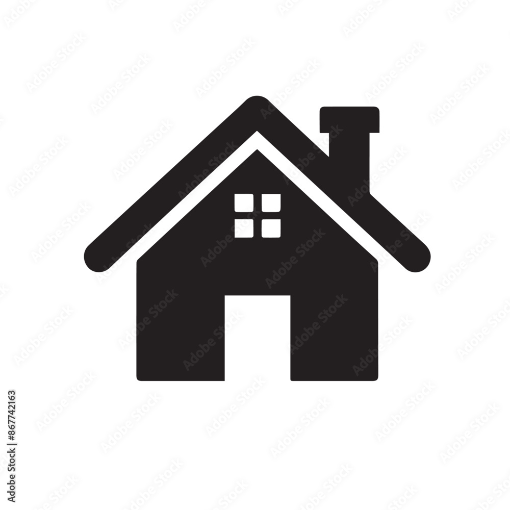 Minimalist Black Silhouette Icon of House with Triangular Roof and Chimney on White Background Minimalist Black Silhouette Icon of House with Triangular Roof and Chimney on White Background