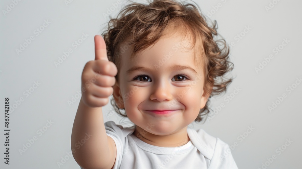 Curly-Haired Baby Smiling with Thumbs Up in White Clothing Curly-Haired Baby Smiling with Thumbs Up in White Clothing