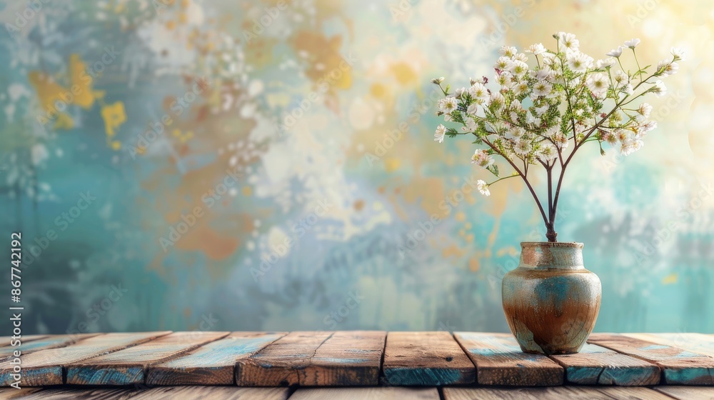 Summer themed text with small tree and flowers in vase on wooden table Background with space for text Summer themed text with small tree and flowers in vase on wooden table Background with space for text
