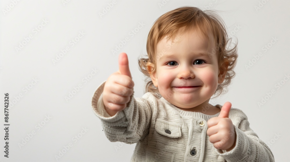 Cheerful Baby Giving Thumbs Up with a Bright Smile in Gray Sweater Cheerful Baby Giving Thumbs Up with a Bright Smile in Gray Sweater