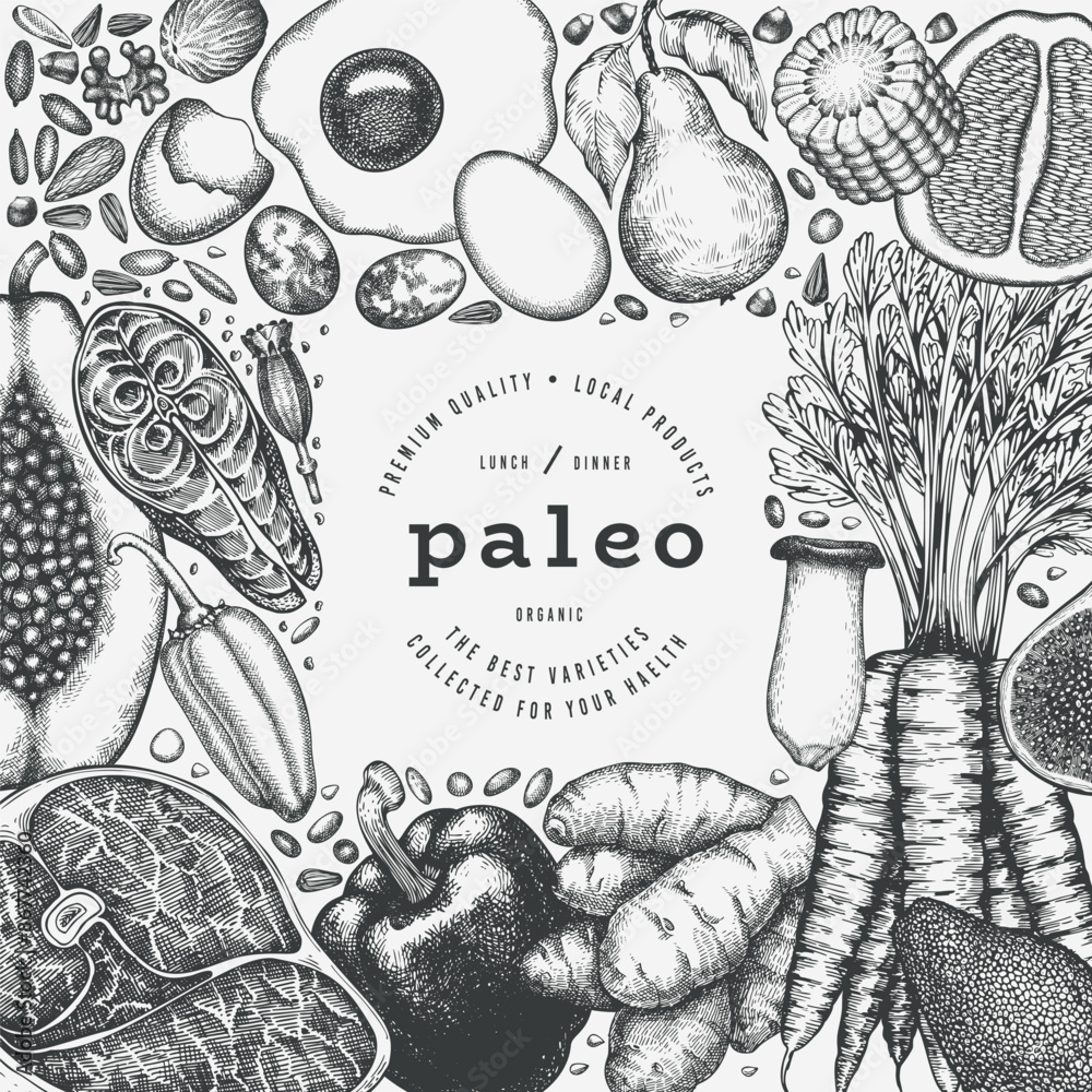 Paleo Diet Design Template. Vector Hand Drawn Healthy Food Banner. Vintage Style Menu Illustration. Paleo Diet Design Template. Vector Hand Drawn Healthy Food Banner. Vintage Style Menu Illustration.
