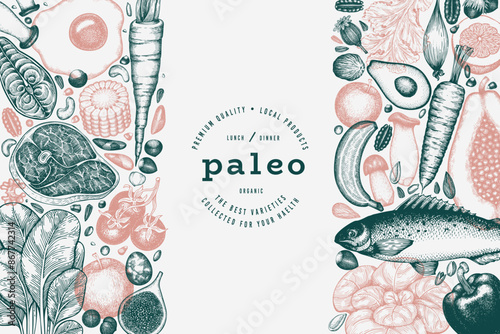 Paleo Diet Design Template. Vector Hand Drawn Healthy Food Banner. Vintage Style Menu Illustration.