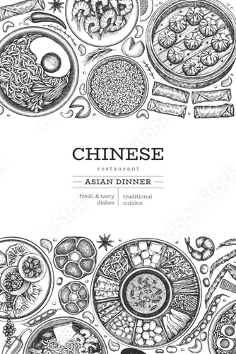 Chinese Cuisine Design Template. Vector Hand Drawn Asian Food Banner. Vintage Style Menu Illustration.