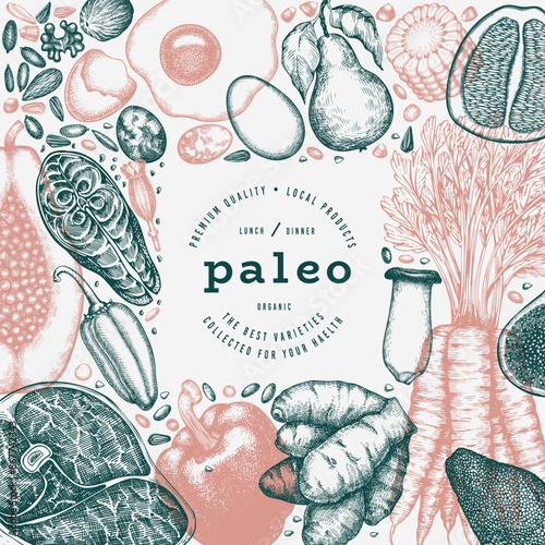 Paleo Diet Design Template. Vector Hand Drawn Healthy Food Banner. Vintage Style Menu Illustration.