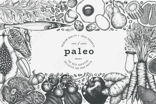Paleo Diet Design Template. Vector Hand Drawn Healthy Food Banner. Vintage Style Menu Illustration.