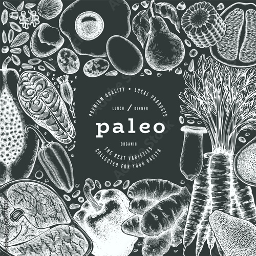 Paleo Diet Chalk Board Design Template. Vector Hand Drawn Healthy Food Banner. Vintage Style Menu Illustration.