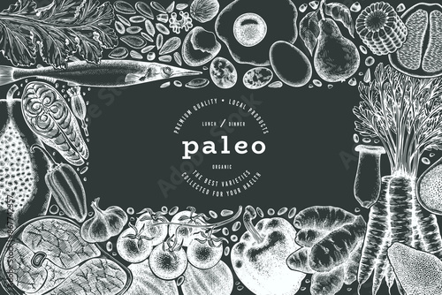 Paleo Diet Chalk Board Design Template. Vector Hand Drawn Healthy Food Banner. Vintage Style Menu Illustration.