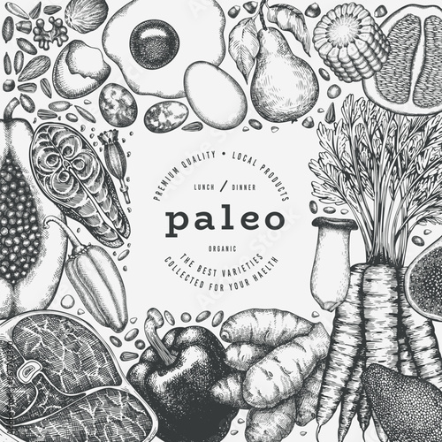 Paleo Diet Design Template. Vector Hand Drawn Healthy Food Banner. Vintage Style Menu Illustration.