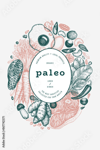 Paleo Diet Design Template. Vector Hand Drawn Healthy Food Banner. Vintage Style Menu Illustration.