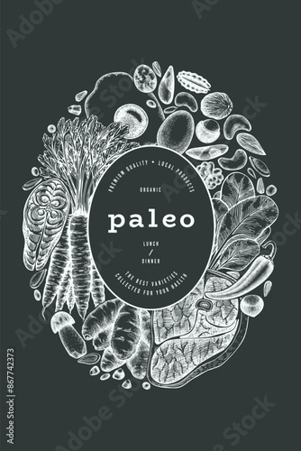 Paleo Diet Chalk Board Design Template. Vector Hand Drawn Healthy Food Banner. Vintage Style Menu Illustration.