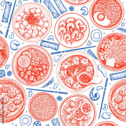 Chinese Cuisine Background. Vector Hand Drawn Asian Food Seamless Pattern. Vintage Style Menu Illustration.