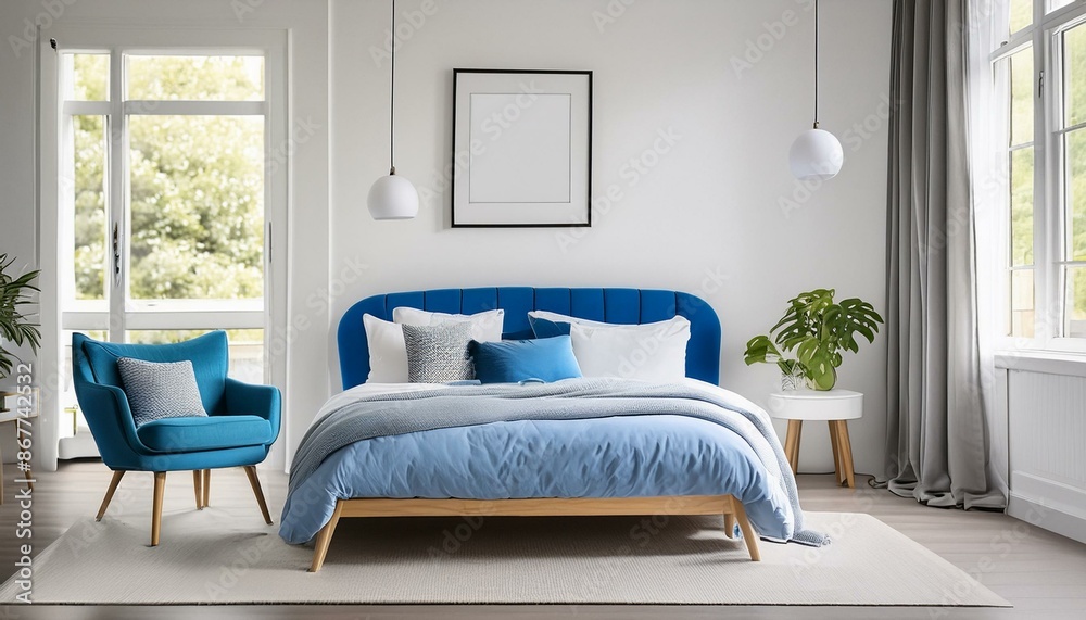 Fototapeta premium modern bedroom with white walls and blue colors and with frame for photo or poster. mockup for painting