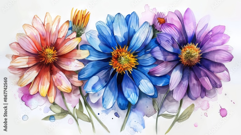 Obraz premium Three watercolor flowers. Pink, blue and purple.