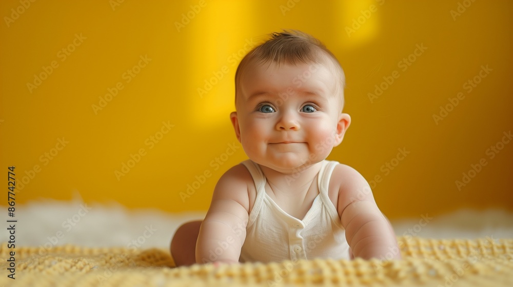 Infant Smiling Brightly with a Yellow Background Infant Smiling Brightly with a Yellow Background