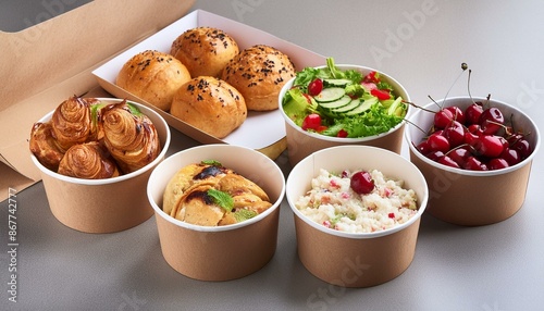 prepared different tasty dish in craft paper boxes. food delivery concept