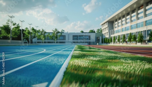 Wallpaper Mural run at the school stadium,simple background, light blue and white and green,High angle view,Minimalism, ultra resolution, FHD, UHD, HDR,32k, Torontodigital.ca