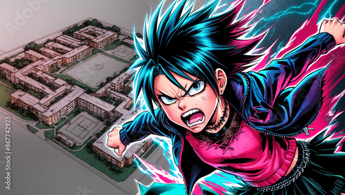 Angry Teenager Emo Boy or Girl like a Superhero with powers, manga anime japanese style in a horrific high school, horror dark story