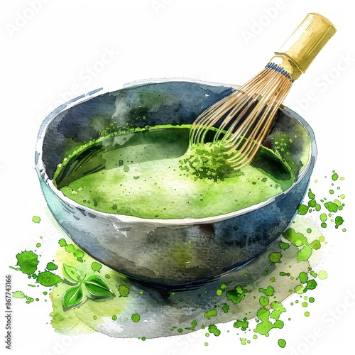 Watercolor illustration of matcha tea in a vibrant bowl with a traditional bamboo whisk and tea leaves.