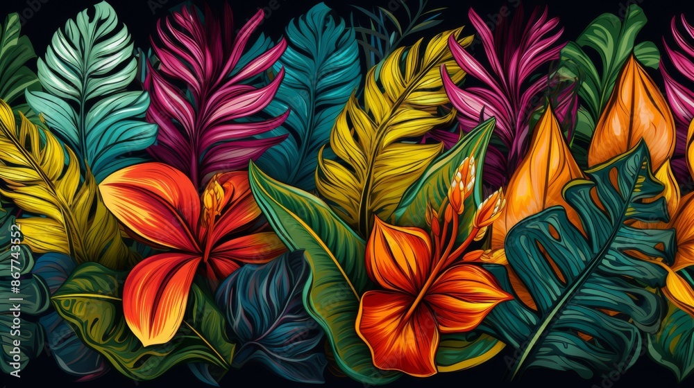 This image displays vibrant tropical leaves and flowers with dramatic colors, providing a richly saturated and lush composition, perfect for nature-inspired design and decor projects. This image displays vibrant tropical leaves and flowers with dramatic colors, providing a richly saturated and lush composition, perfect for nature-inspired design and decor projects.